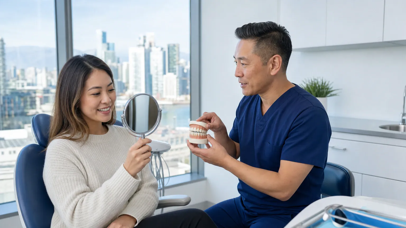 Dental professional discussing a chipped tooth with a patient