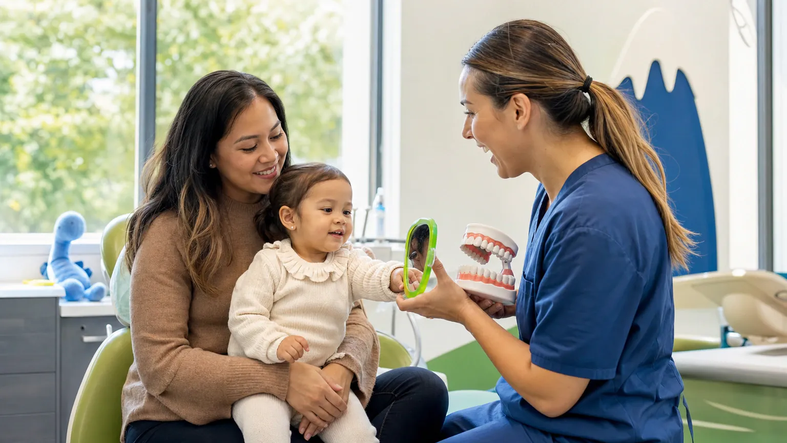 Parent and young child meeting a friendly dental professional